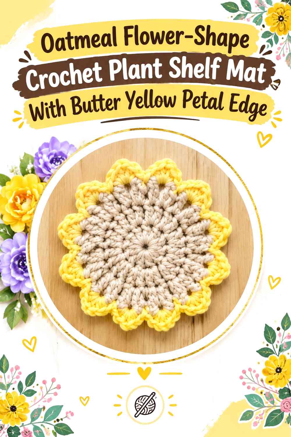 Oatmeal Flower-Shape Crochet Plant Shelf Mat With Butter Yellow Petal Edge