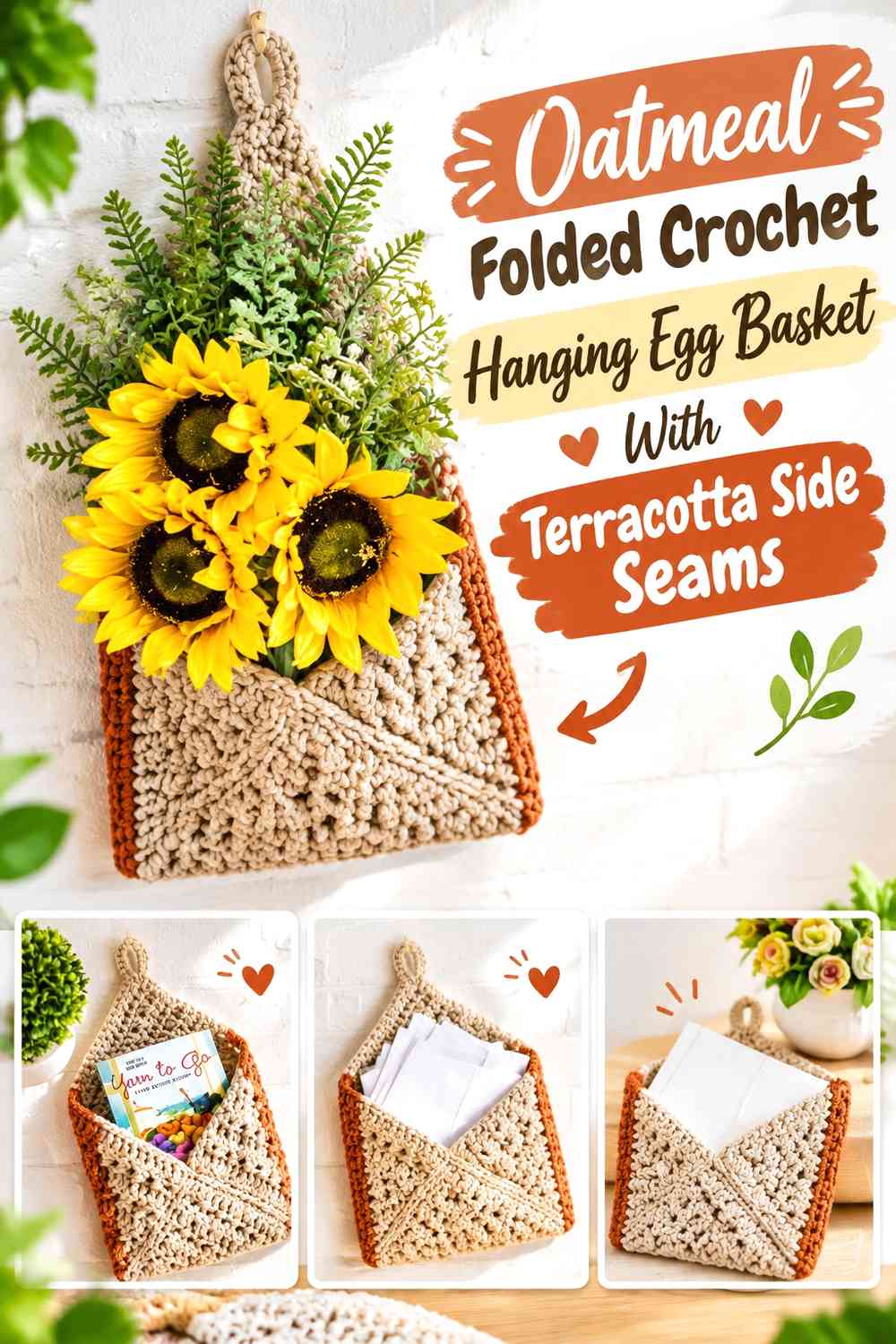 Oatmeal Folded Crochet Hanging Egg Basket With Terracotta Side Seams