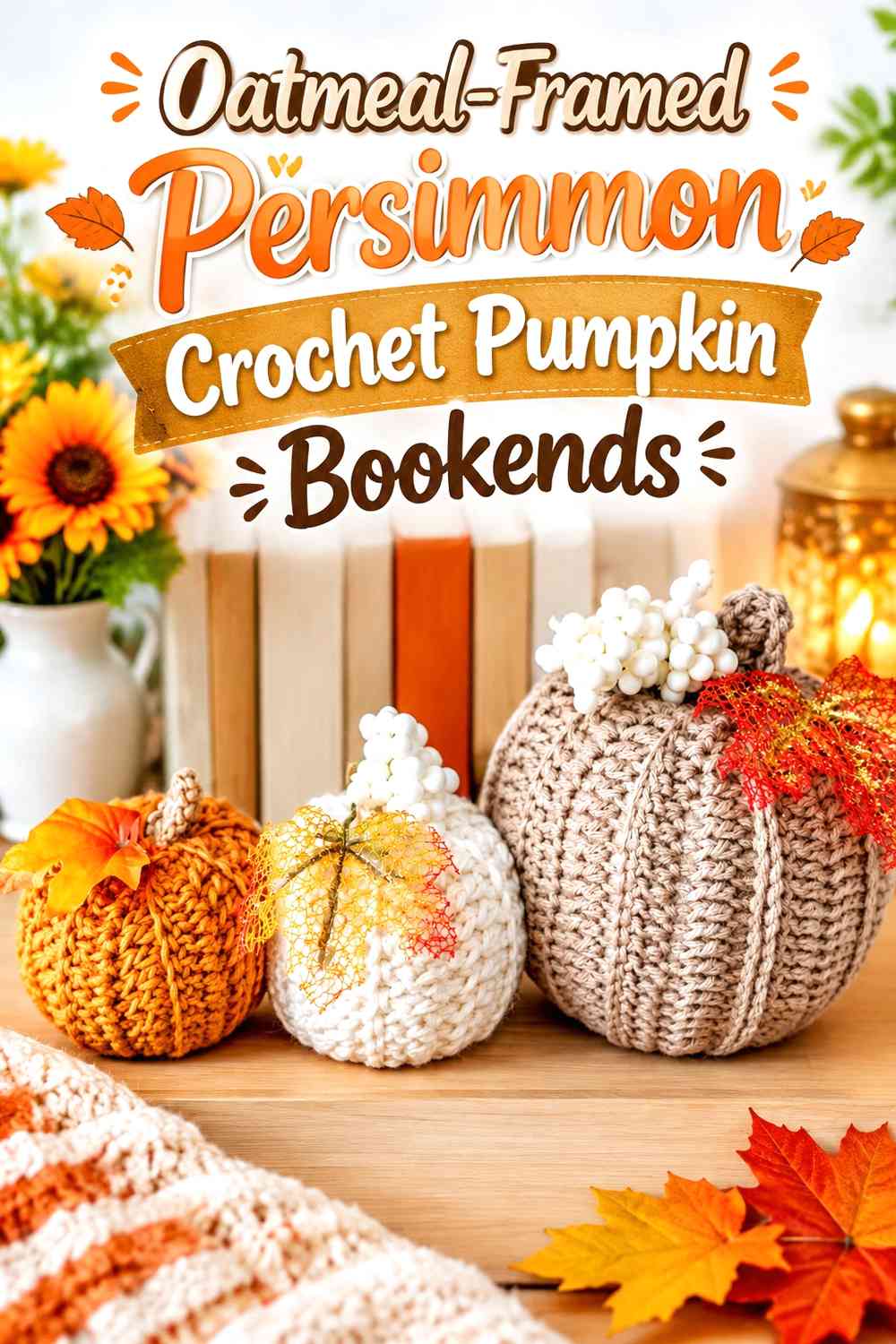 Oatmeal-Framed Persimmon Crochet Pumpkin Bookends