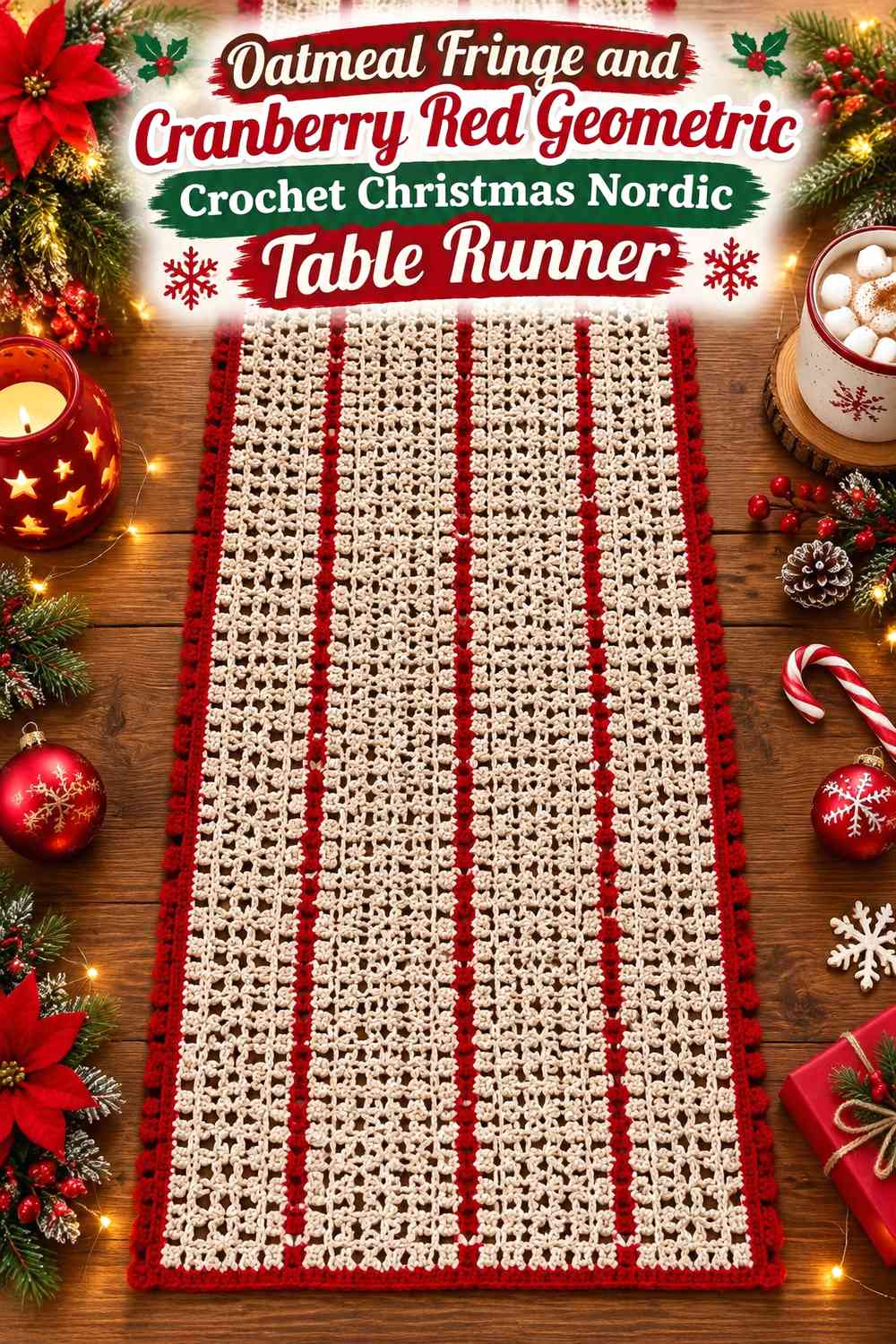 Oatmeal Fringe and Cranberry Red Geometric Crochet Christmas Nordic Table Runner