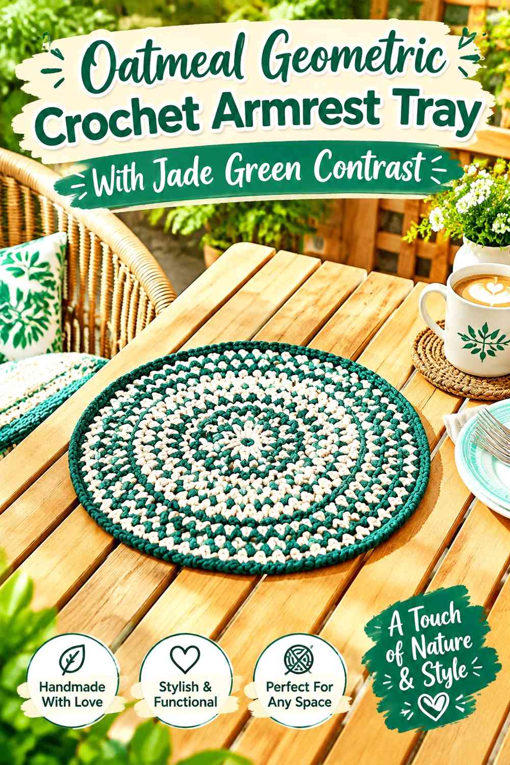 Oatmeal Geometric Crochet Armrest Tray With Jade Green Contrast