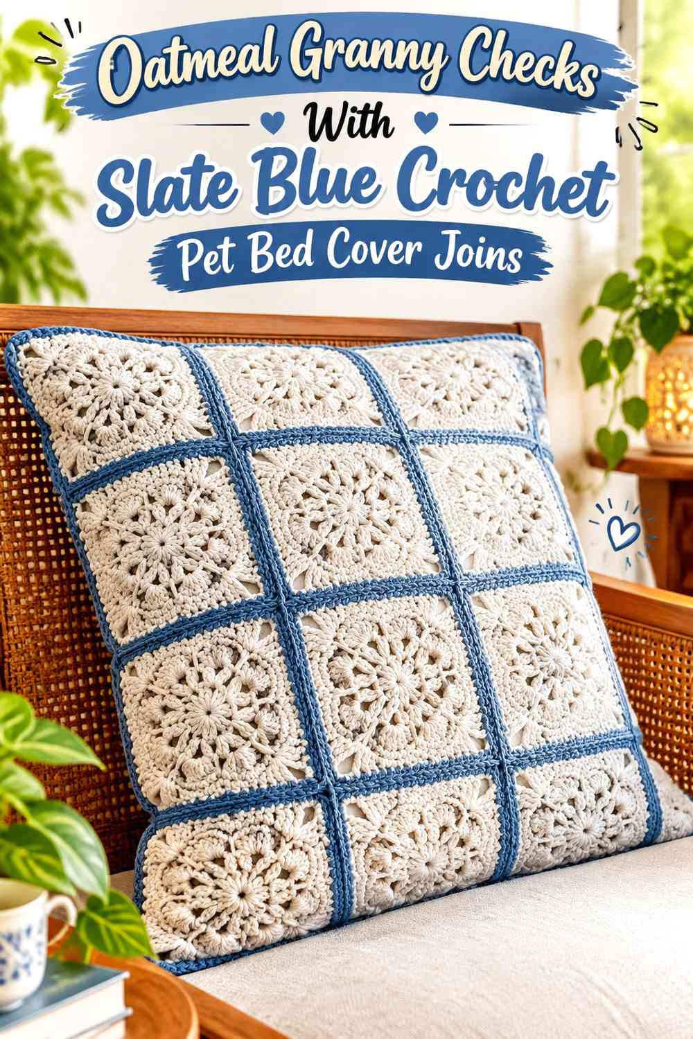 Oatmeal Granny Checks With Slate Blue Crochet Pet Bed Cover Joins