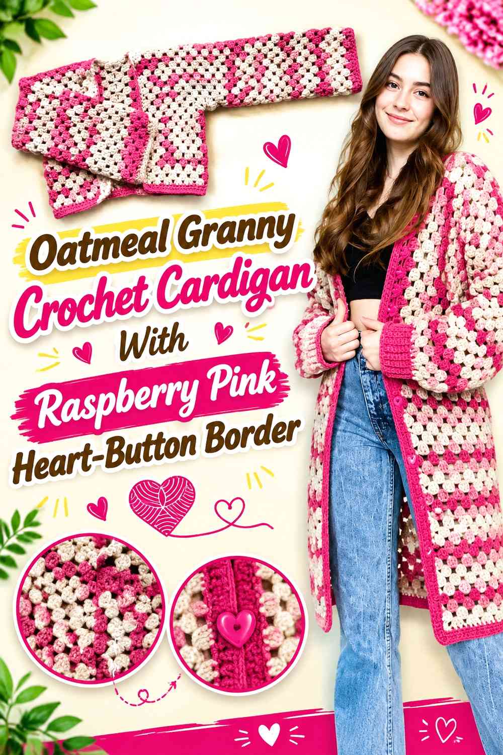 Oatmeal Granny Crochet Cardigan With Raspberry Pink Heart-Button Border