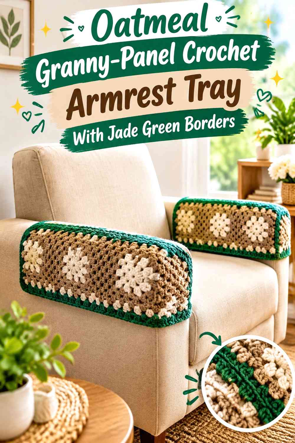 Oatmeal Granny-Panel Crochet Armrest Tray With Jade Green Borders