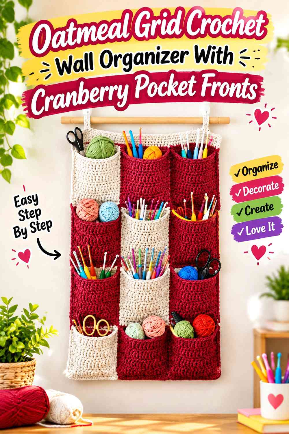 Oatmeal Grid Crochet Wall Organizer With Cranberry Pocket Fronts