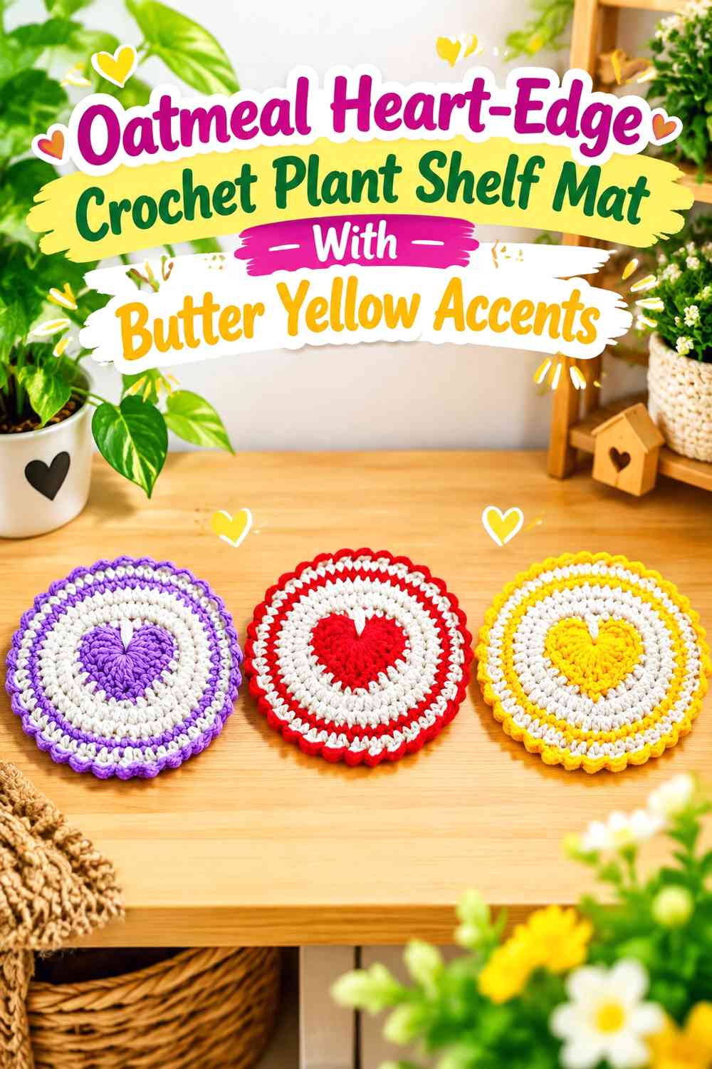 Oatmeal Heart-Edge Crochet Plant Shelf Mat With Butter Yellow Accents