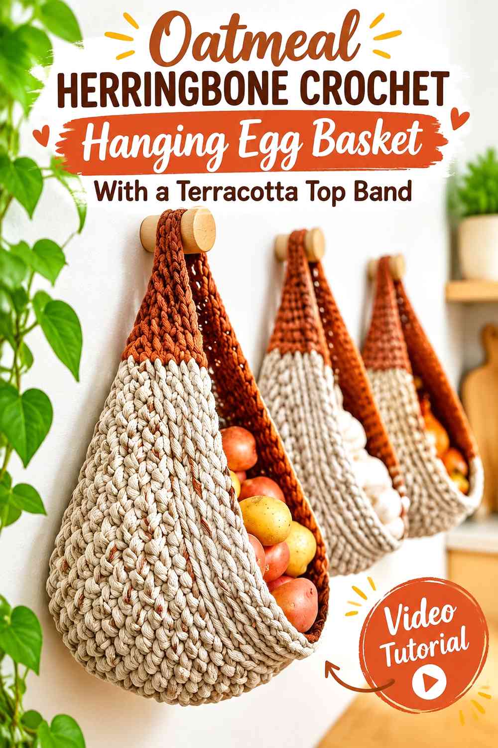 Oatmeal Herringbone Crochet Hanging Egg Basket With a Terracotta Top Band