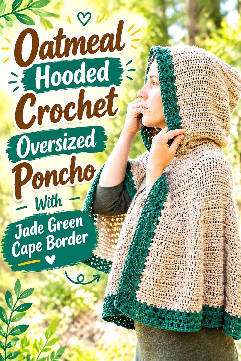Oatmeal Hooded Crochet Oversized Poncho With Jade Green Cape Border
