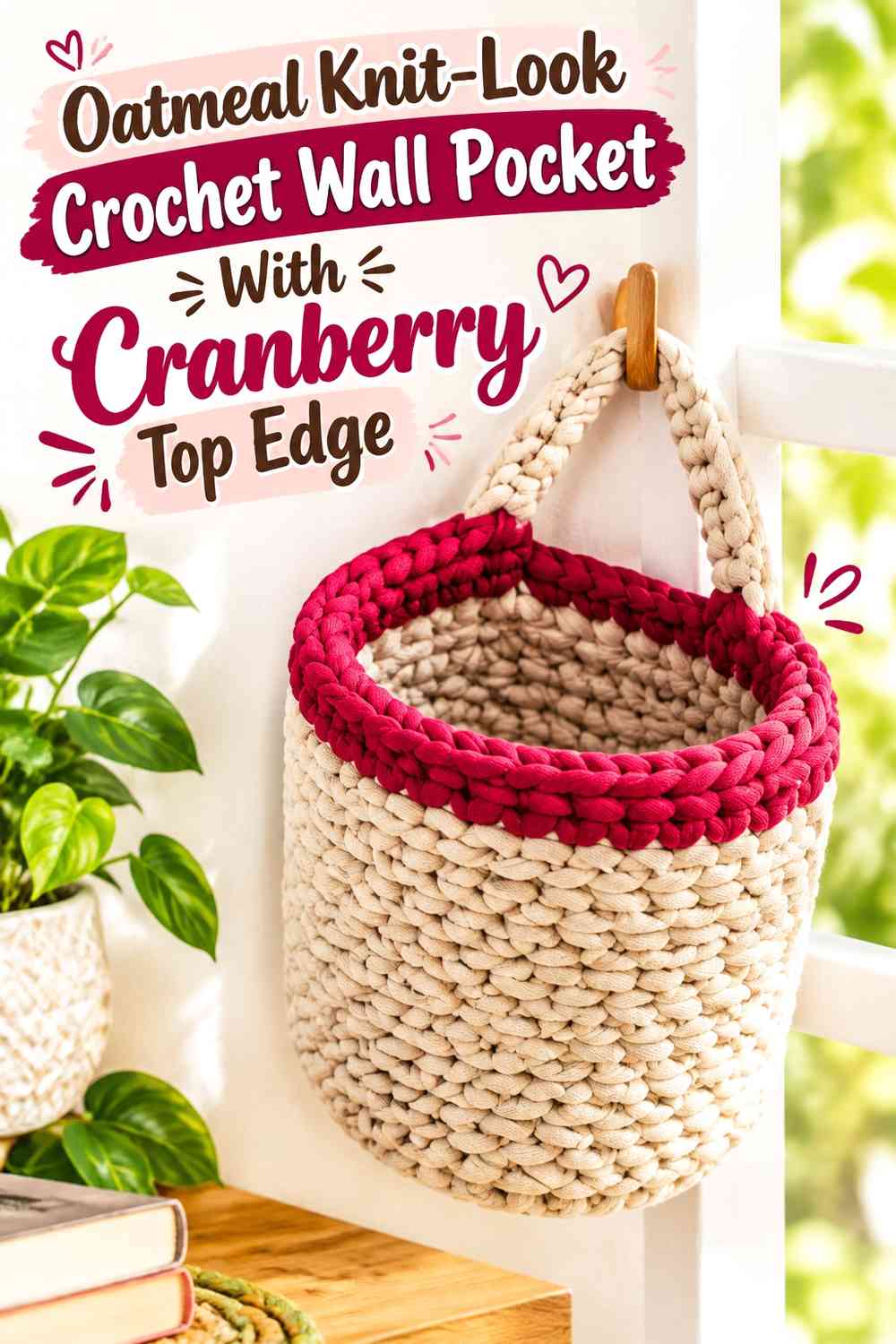 Oatmeal Knit-Look Crochet Wall Pocket With Cranberry Top Edge