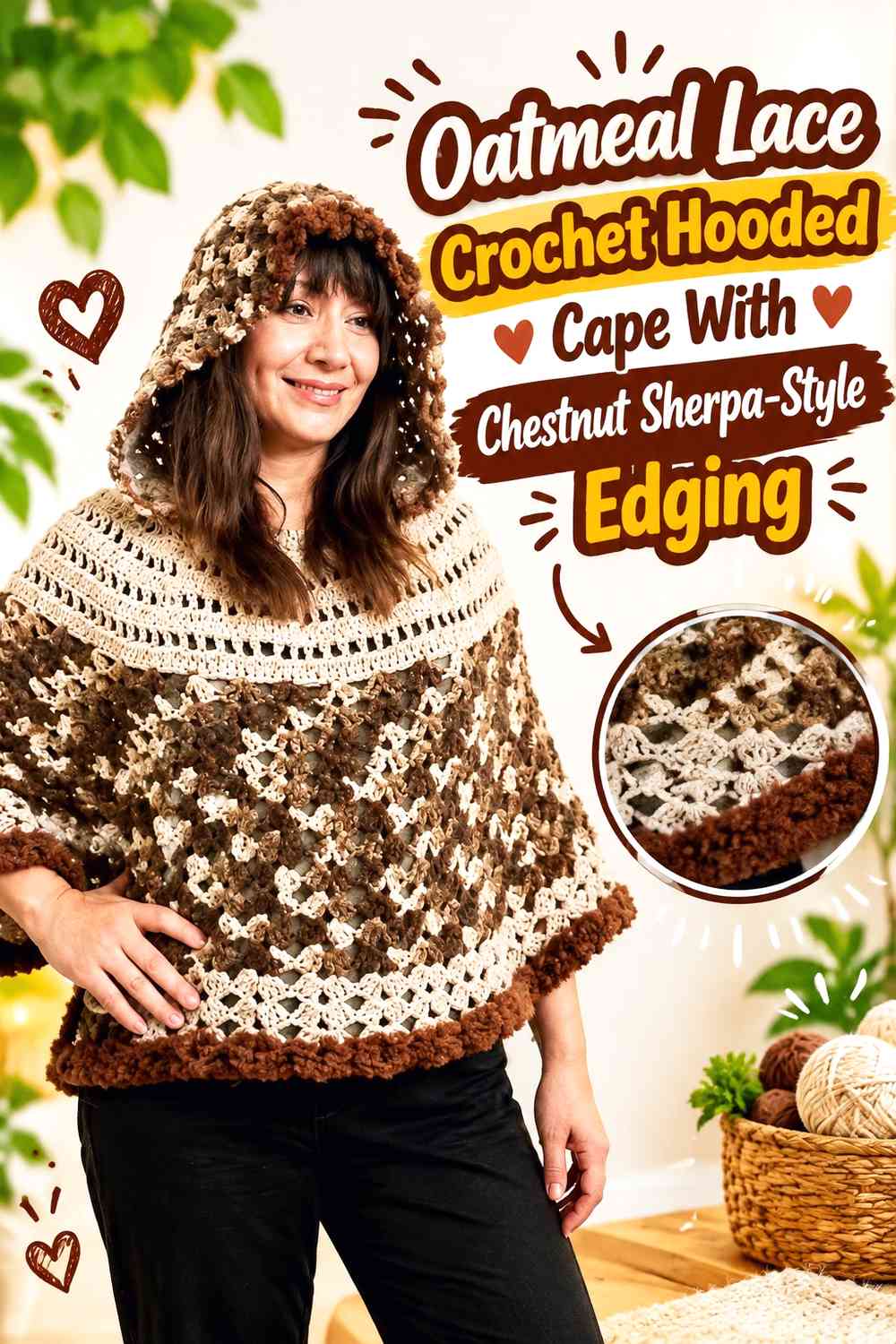 Oatmeal Lace Crochet Hooded Cape With Chestnut Sherpa-Style Edging