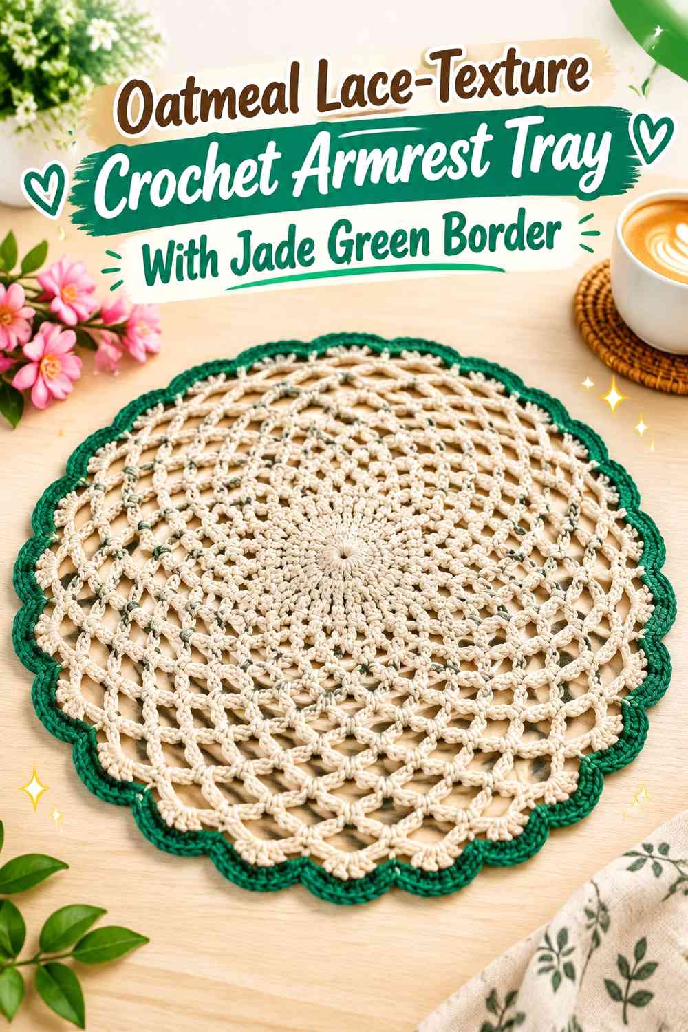 Oatmeal Lace-Texture Crochet Armrest Tray With Jade Green Border