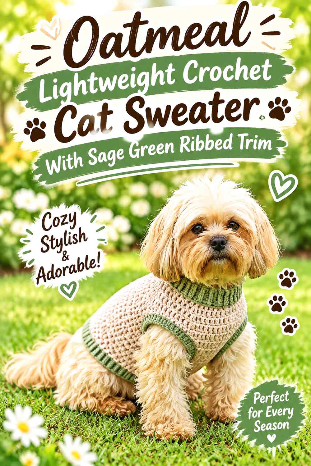 Oatmeal Lightweight Crochet Cat Sweater With Sage Green Ribbed Trim