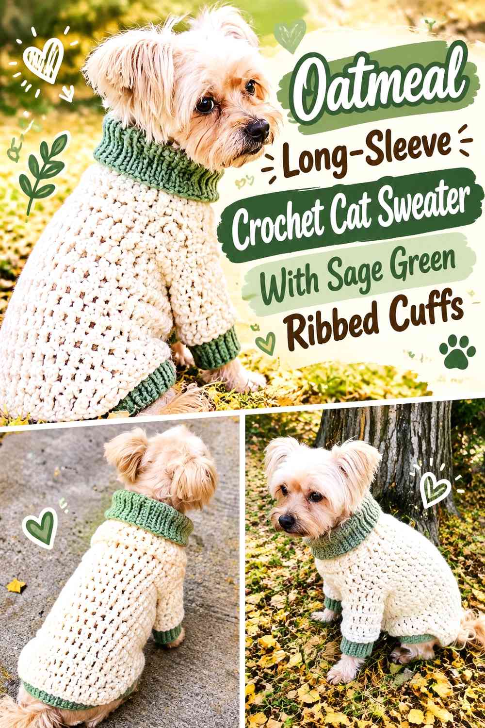 Oatmeal Long-Sleeve Crochet Cat Sweater With Sage Green Ribbed Cuffs