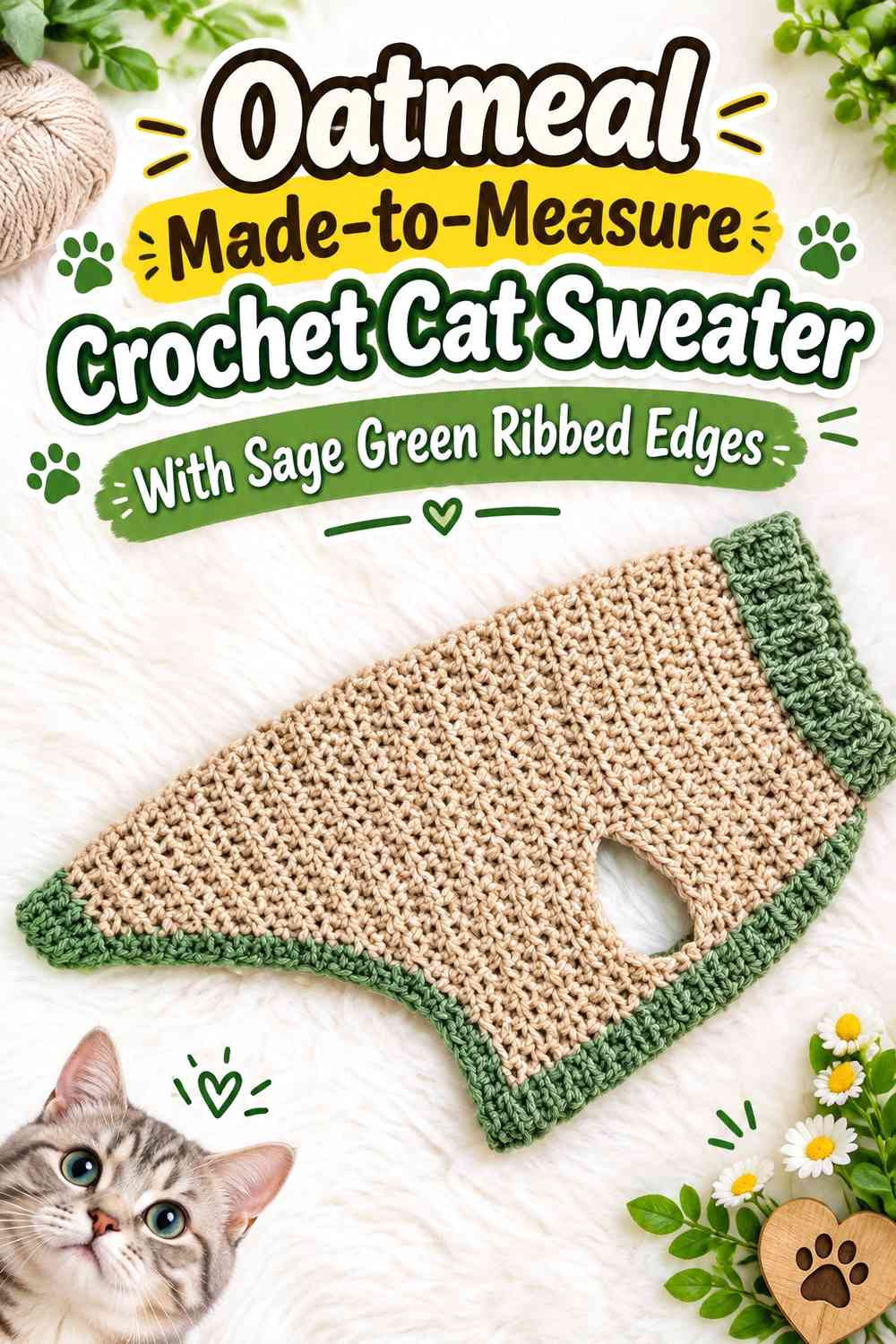 Oatmeal Made-to-Measure Crochet Cat Sweater With Sage Green Ribbed Edges