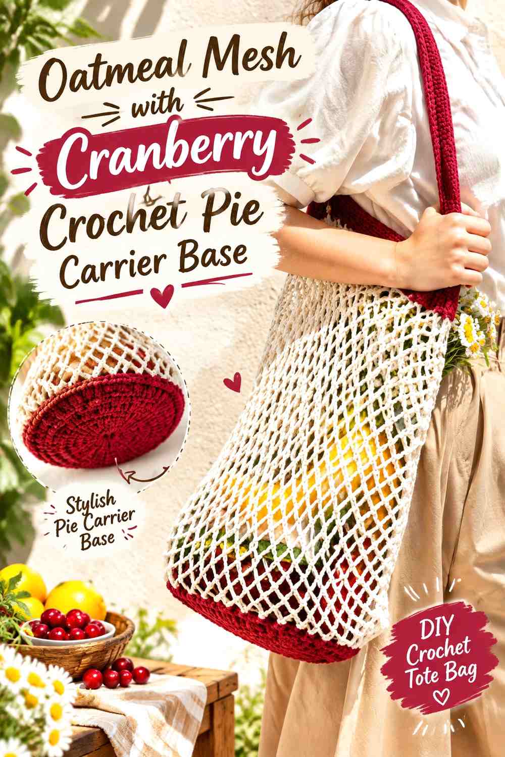 Oatmeal Mesh with Cranberry Crochet Pie Carrier Base