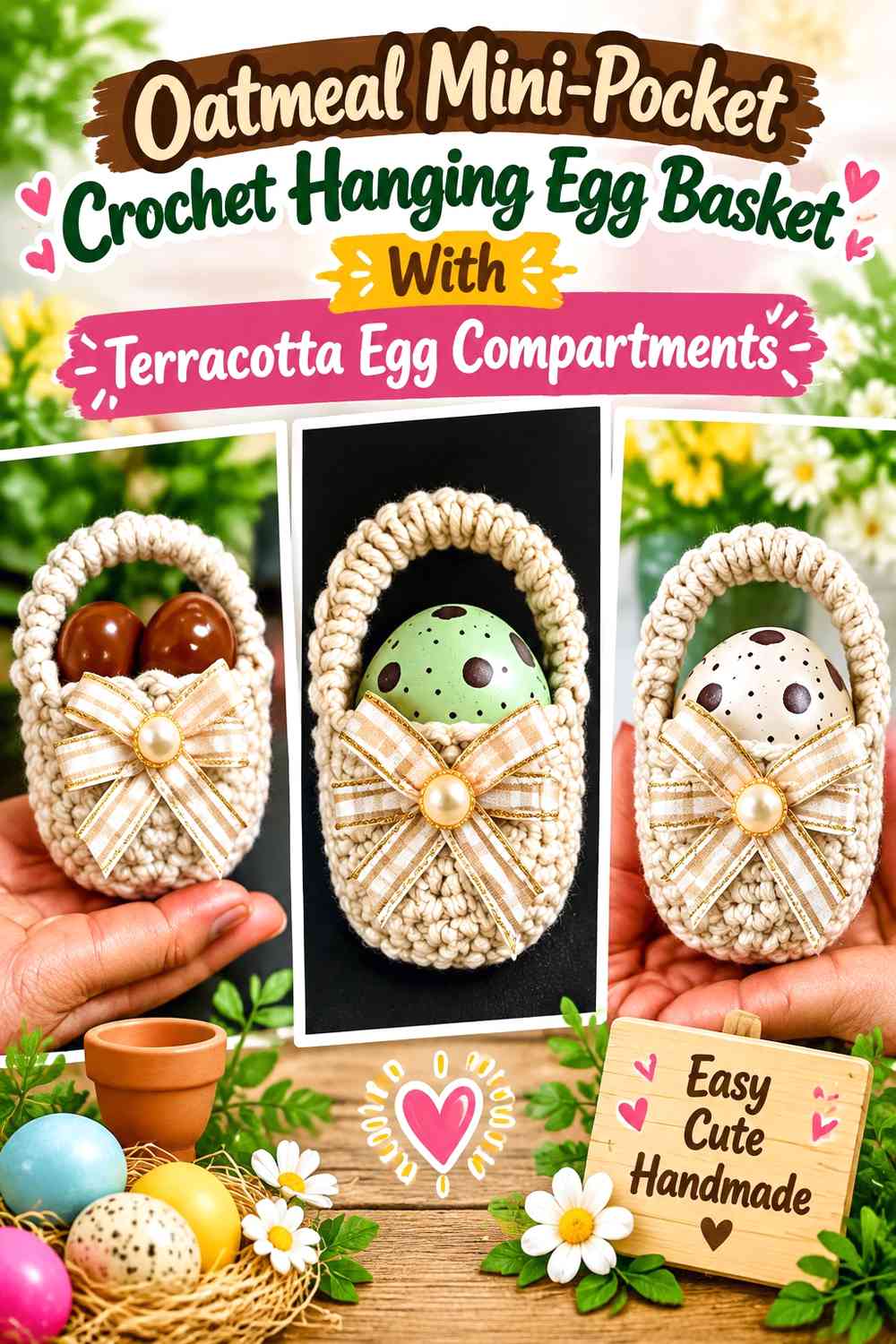 Oatmeal Mini-Pocket Crochet Hanging Egg Basket With Terracotta Egg Compartments