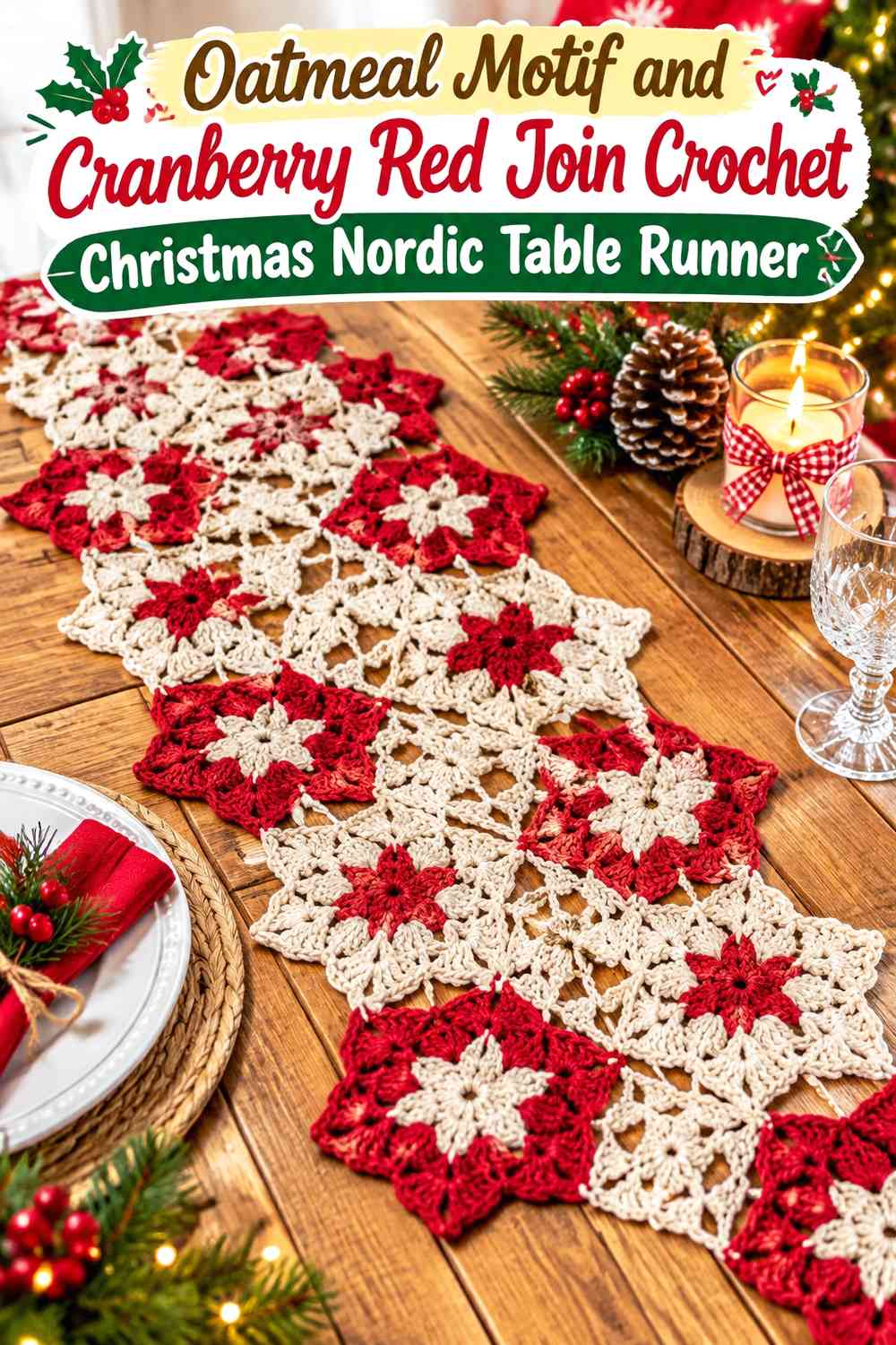 Oatmeal Motif and Cranberry Red Join Crochet Christmas Nordic Table Runner