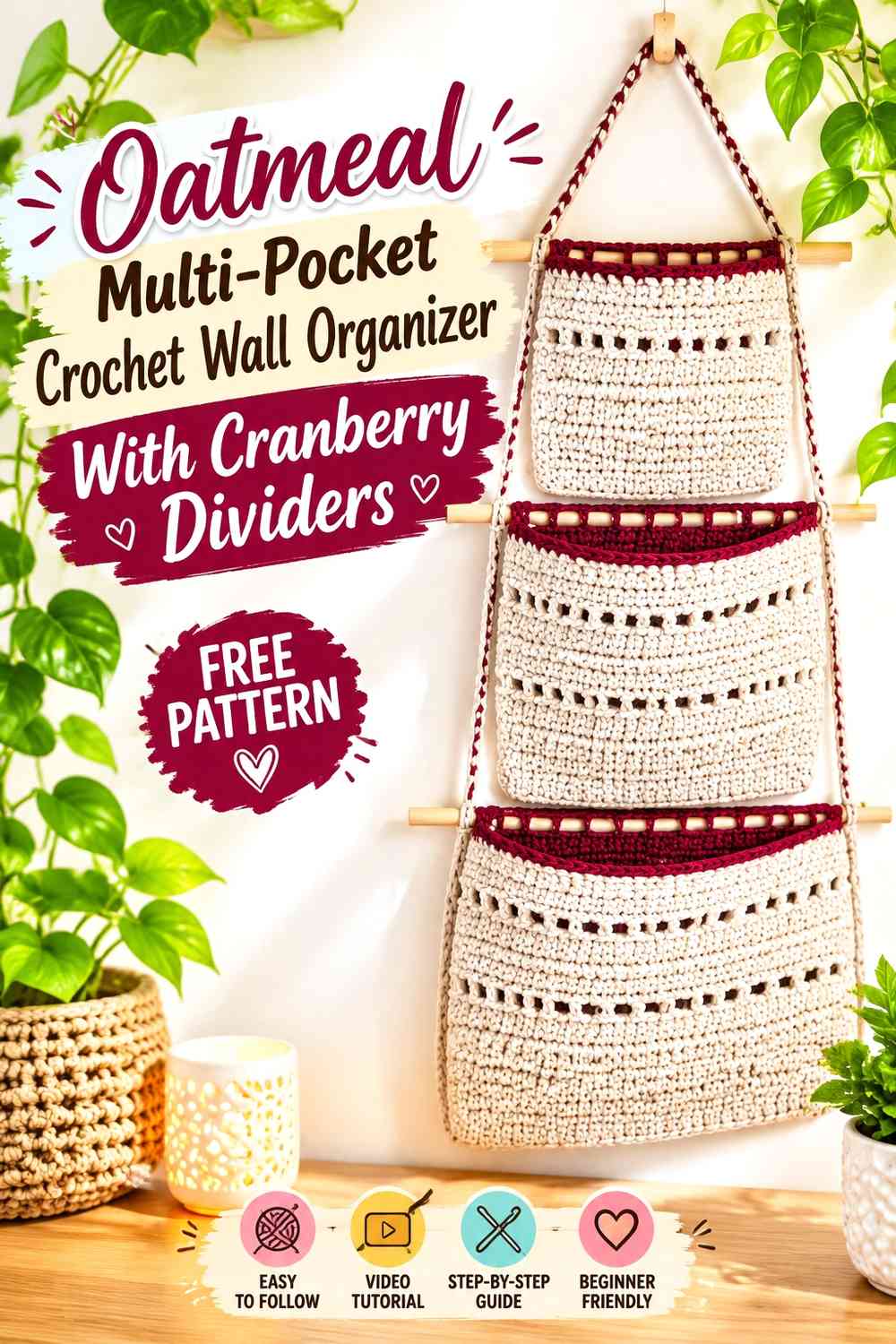 Oatmeal Multi-Pocket Crochet Wall Organizer With Cranberry Dividers