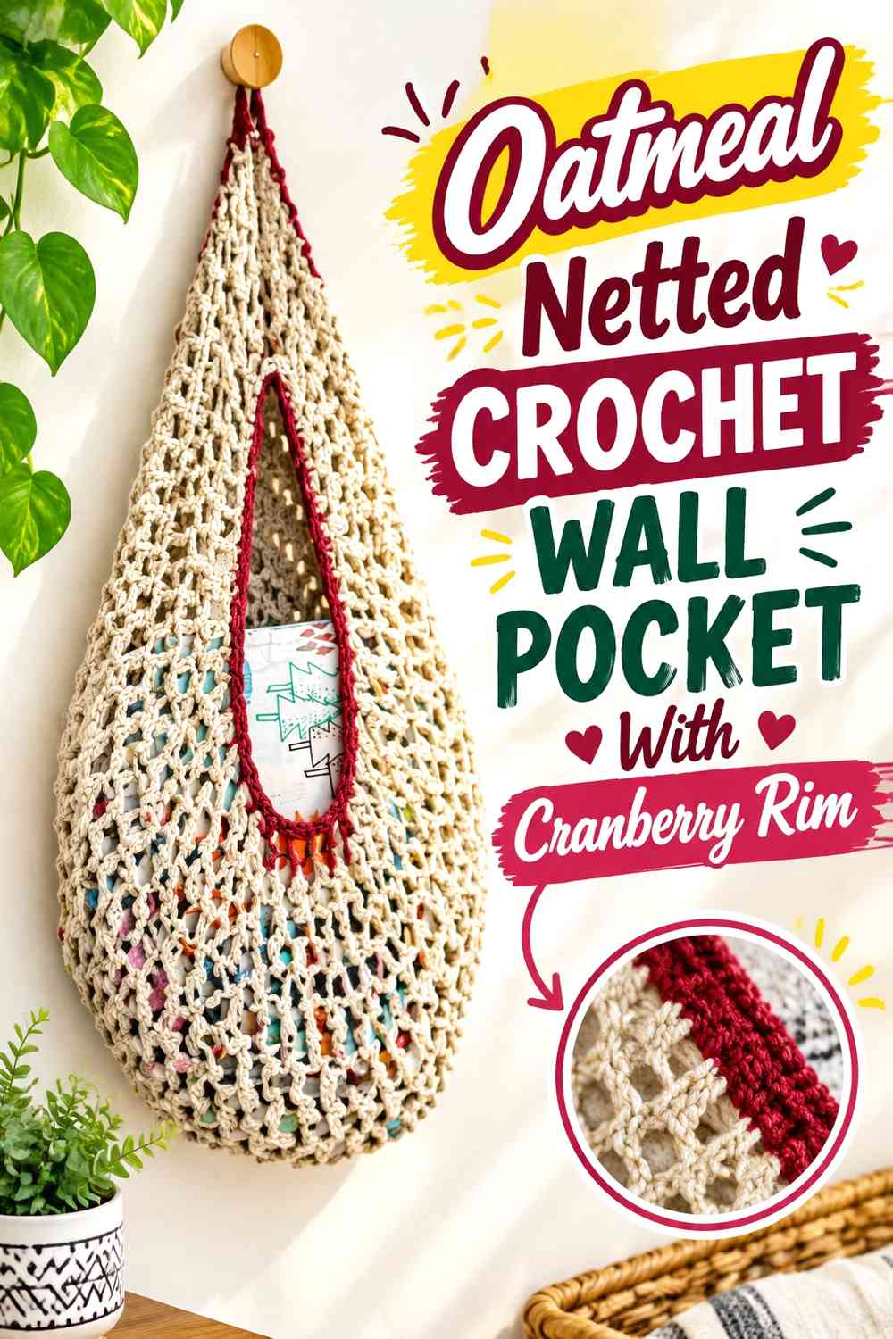 Oatmeal Netted Crochet Wall Pocket With Cranberry Rim