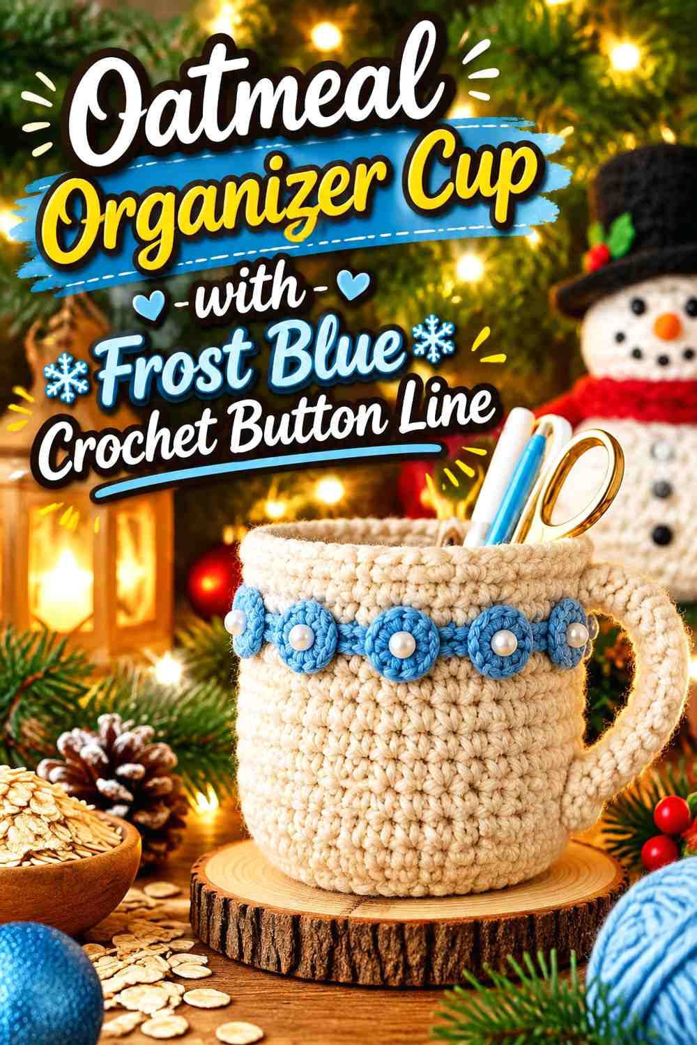 Oatmeal Organizer Cup with Frost Blue Crochet Button Line
