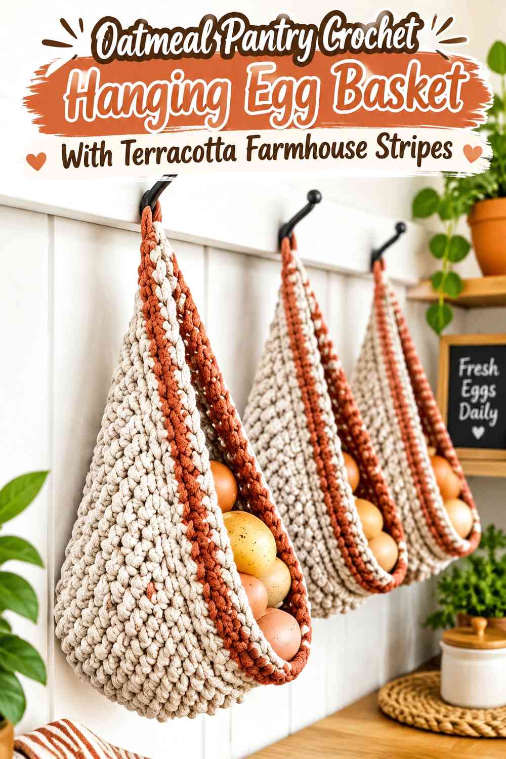 Oatmeal Pantry Crochet Hanging Egg Basket With Terracotta Farmhouse Stripes