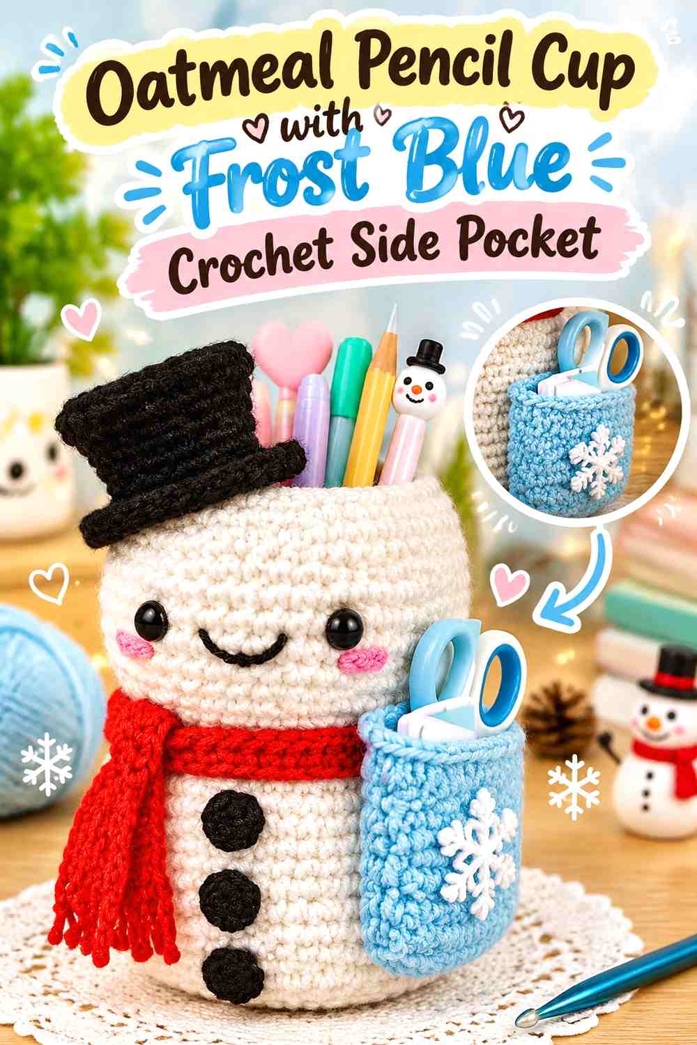 Oatmeal Pencil Cup with Frost Blue Crochet Side Pocket