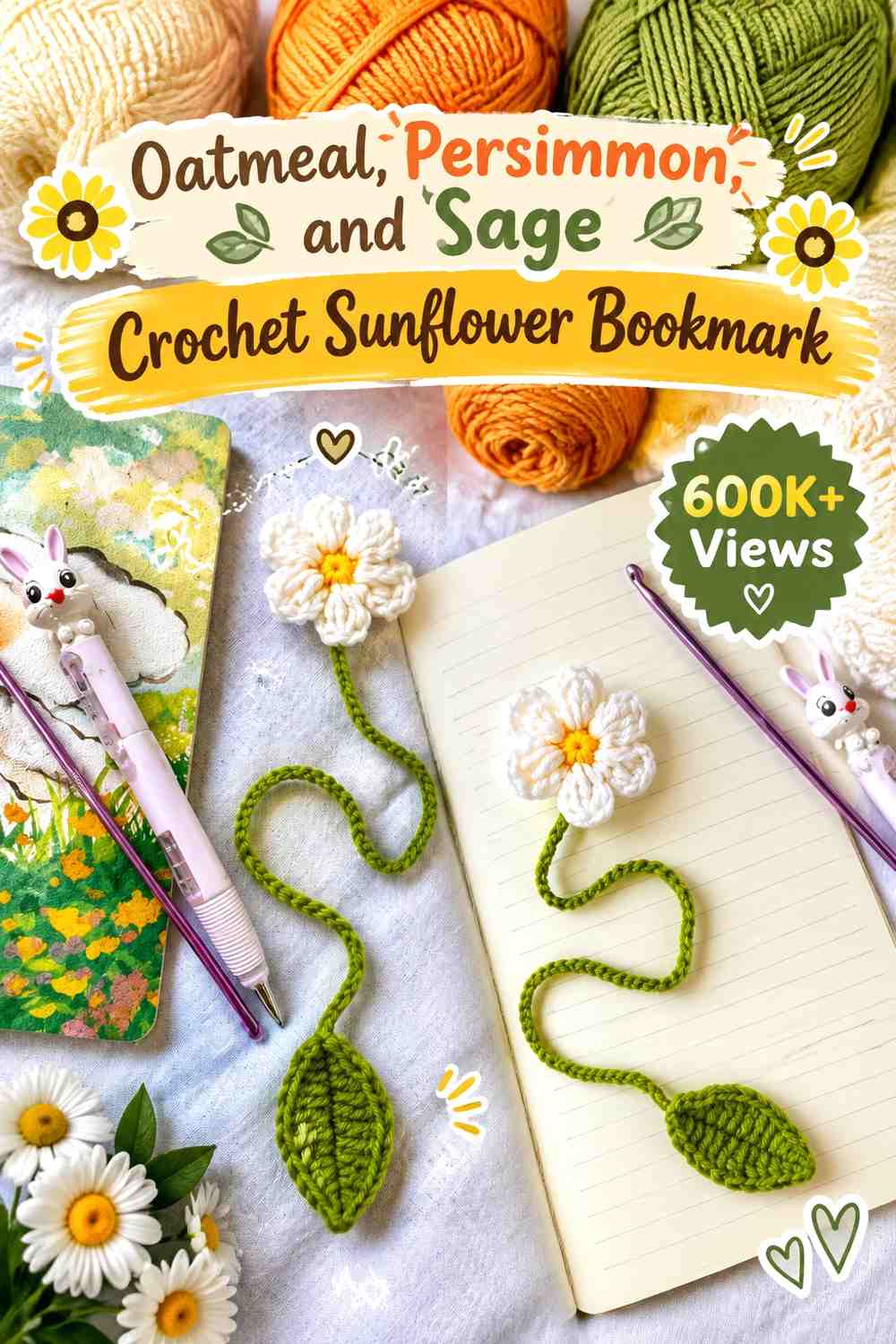 Oatmeal, Persimmon, and Sage Crochet Sunflower Bookmark