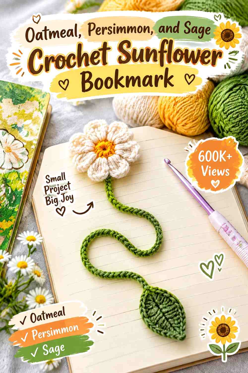 Oatmeal, Persimmon, and Sage Crochet Sunflower Bookmark