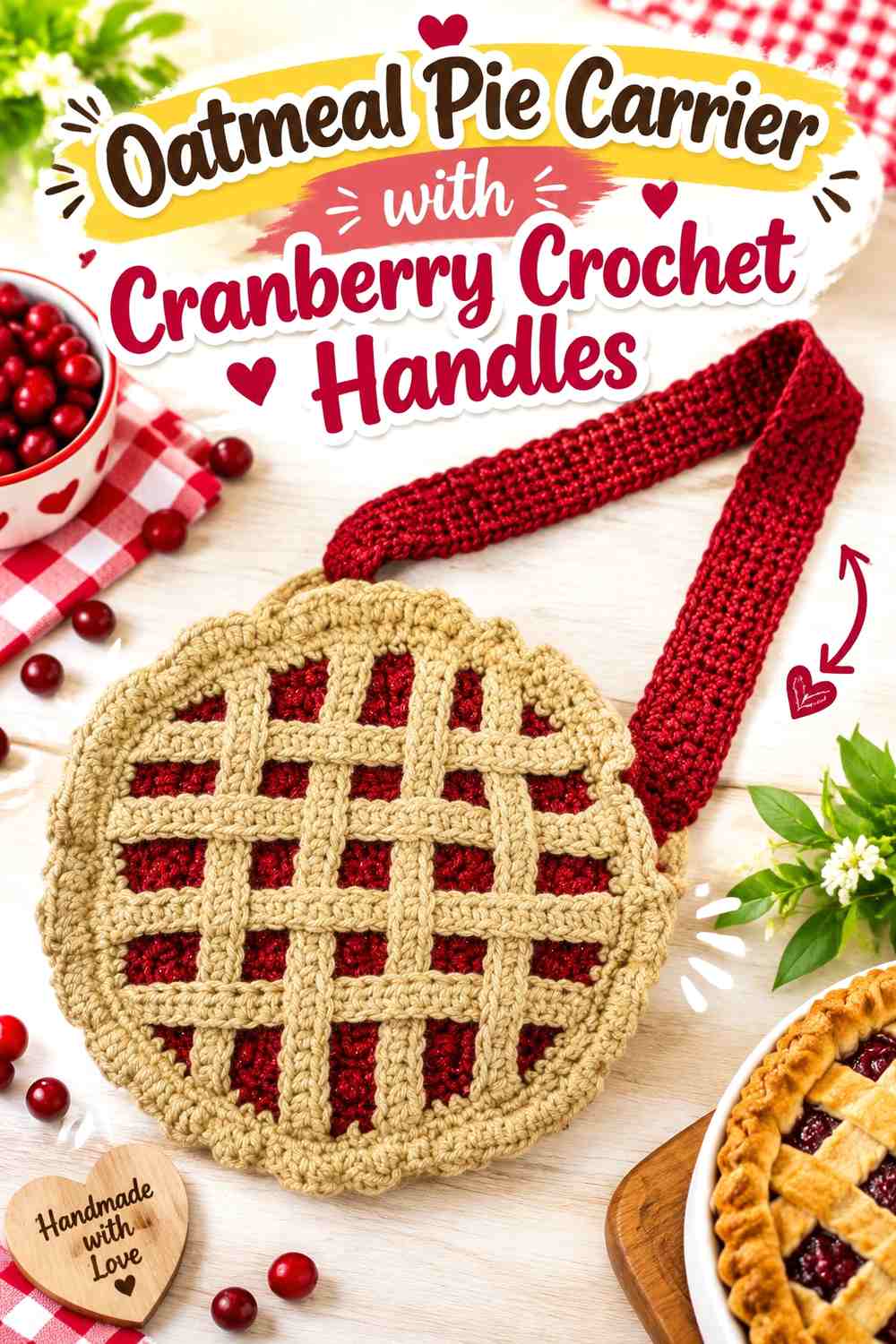Oatmeal Pie Carrier with Cranberry Crochet Handles