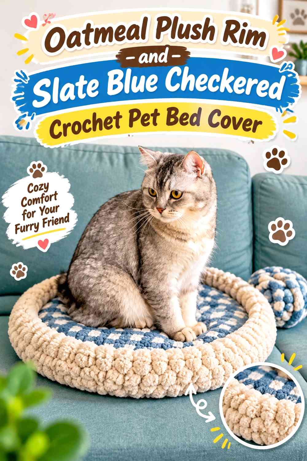 Oatmeal Plush Rim and Slate Blue Checkered Crochet Pet Bed Cover