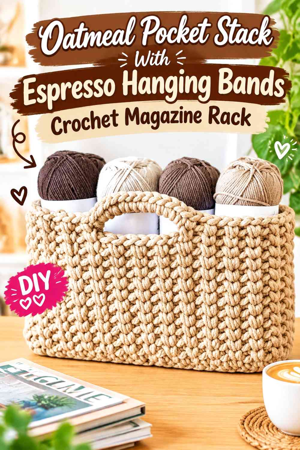 Oatmeal Pocket Stack With Espresso Hanging Bands Crochet Magazine Rack