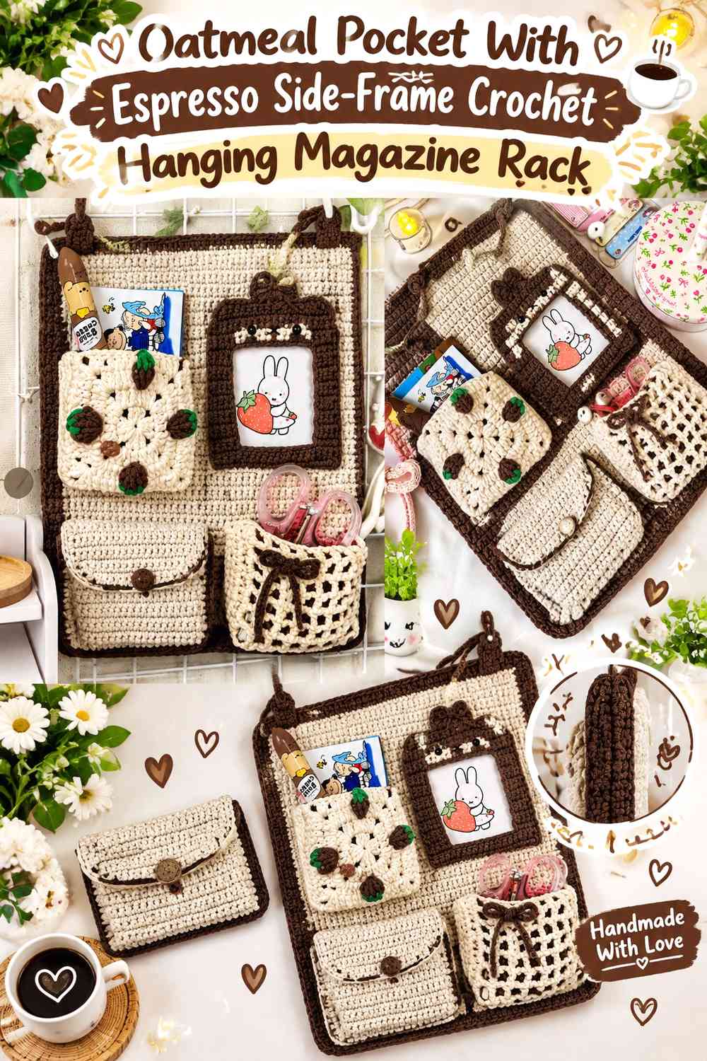 Oatmeal Pocket With Espresso Side-Frame Crochet Hanging Magazine Rack