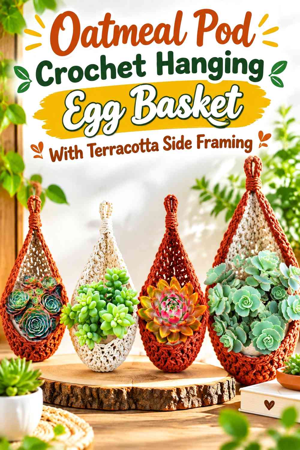 Oatmeal Pod Crochet Hanging Egg Basket With Terracotta Side Framing