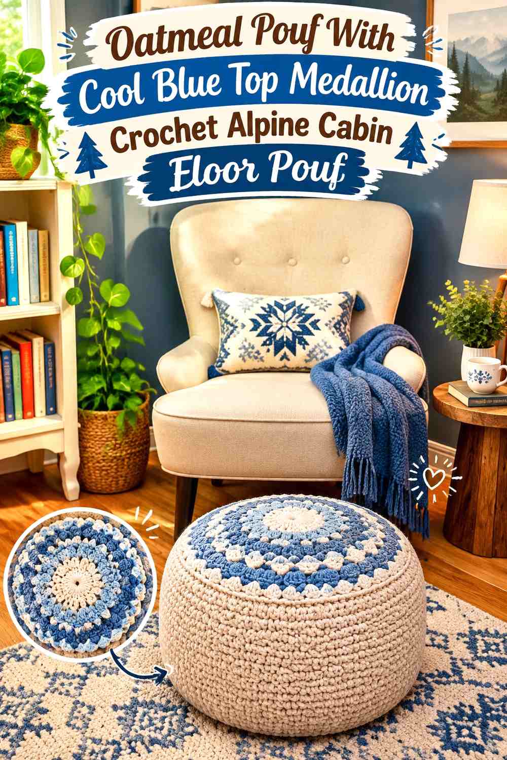 Oatmeal Pouf With Cool Blue Top Medallion Crochet Alpine Cabin Floor Pouf