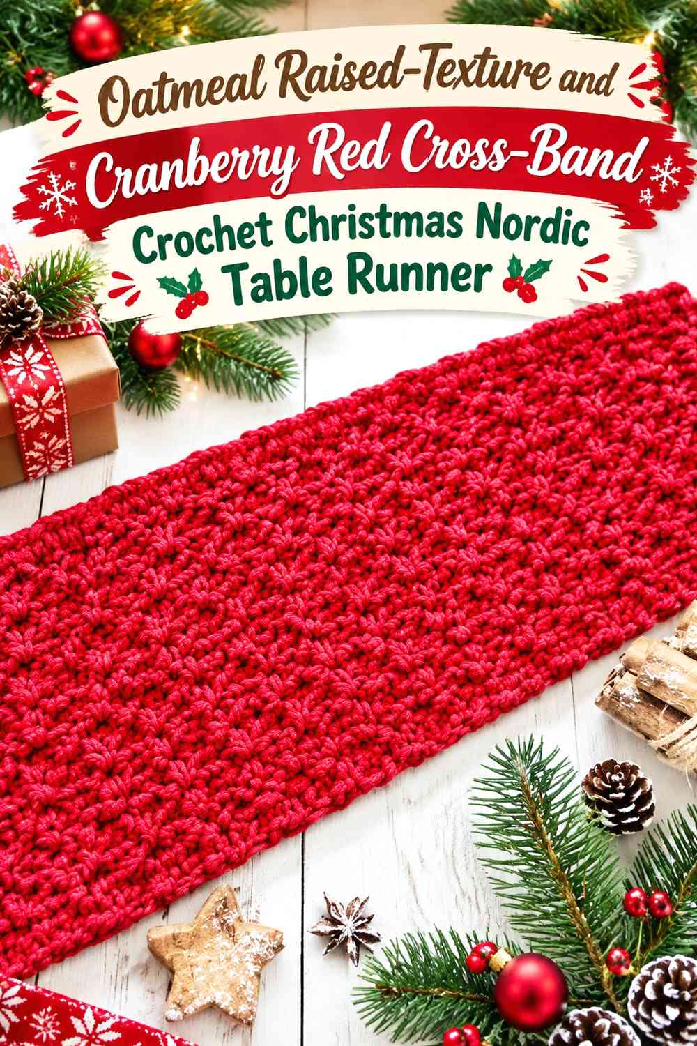 Oatmeal Raised-Texture and Cranberry Red Cross-Band Crochet Christmas Nordic Table Runner