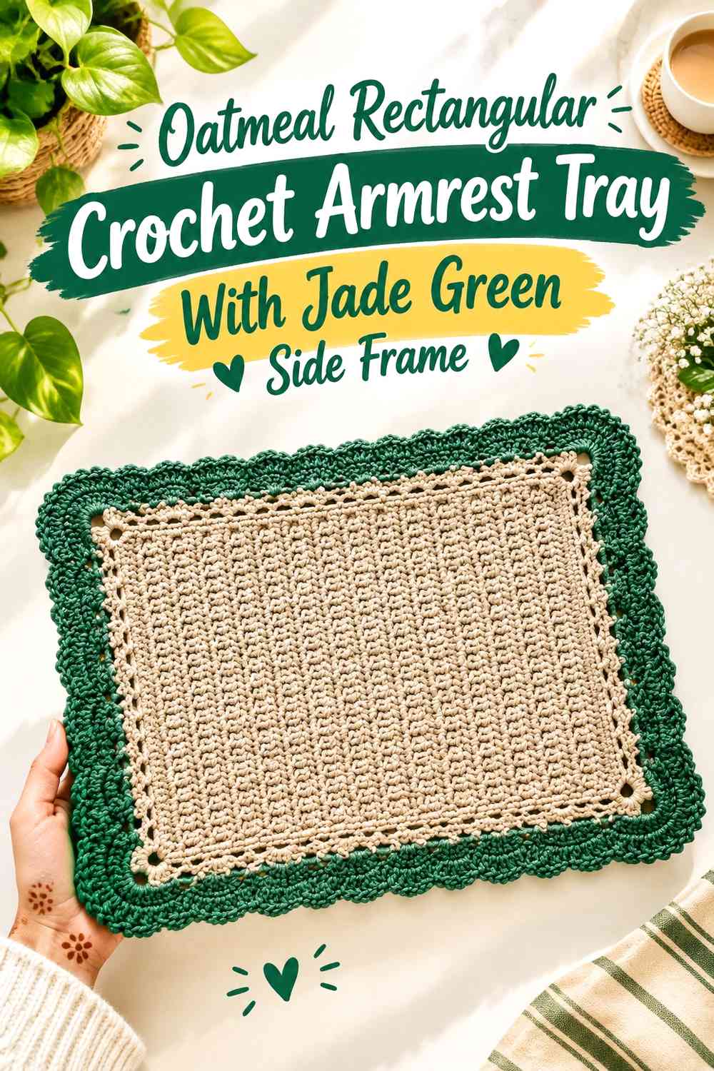 Oatmeal Rectangular Crochet Armrest Tray With Jade Green Side Frame
