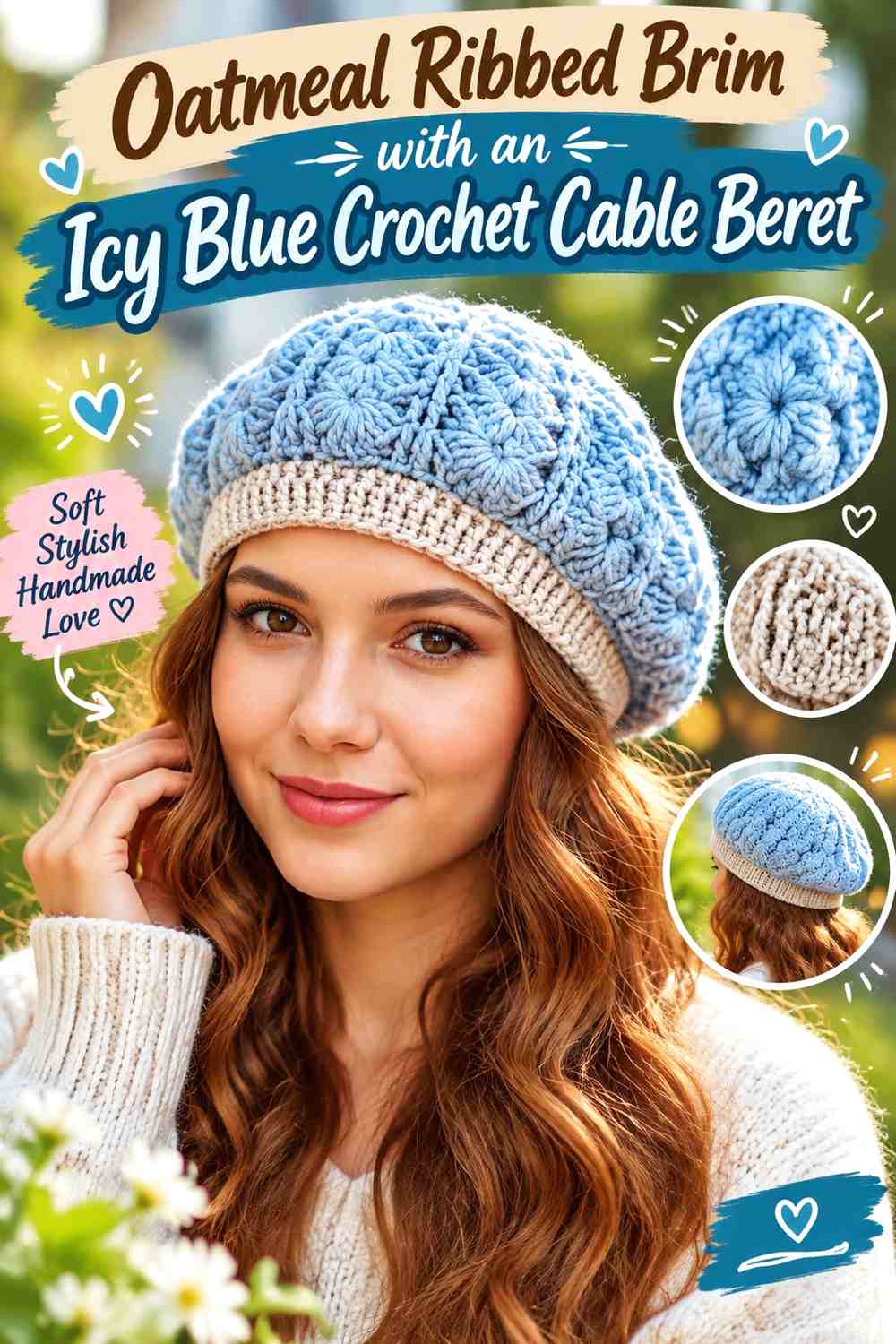 Oatmeal Ribbed Brim with an Icy Blue Crochet Cable Beret