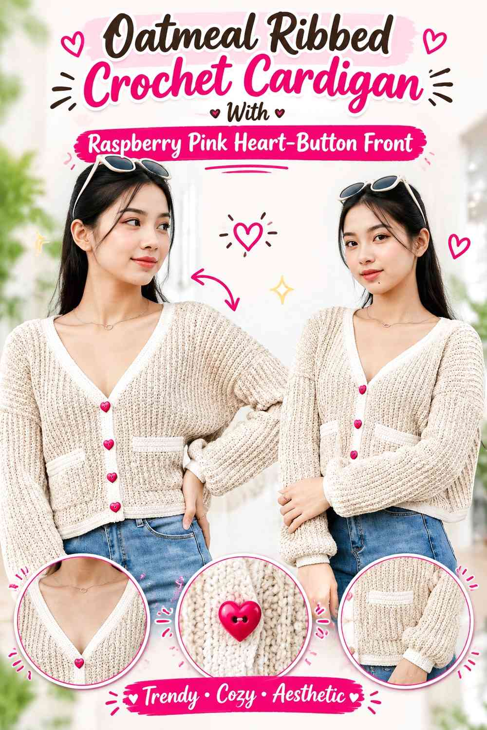 Oatmeal Ribbed Crochet Cardigan With Raspberry Pink Heart-Button Front