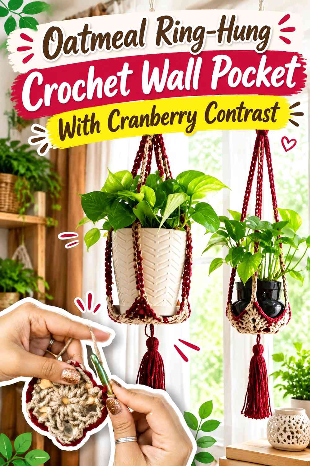 Oatmeal Ring-Hung Crochet Wall Pocket With Cranberry Contrast