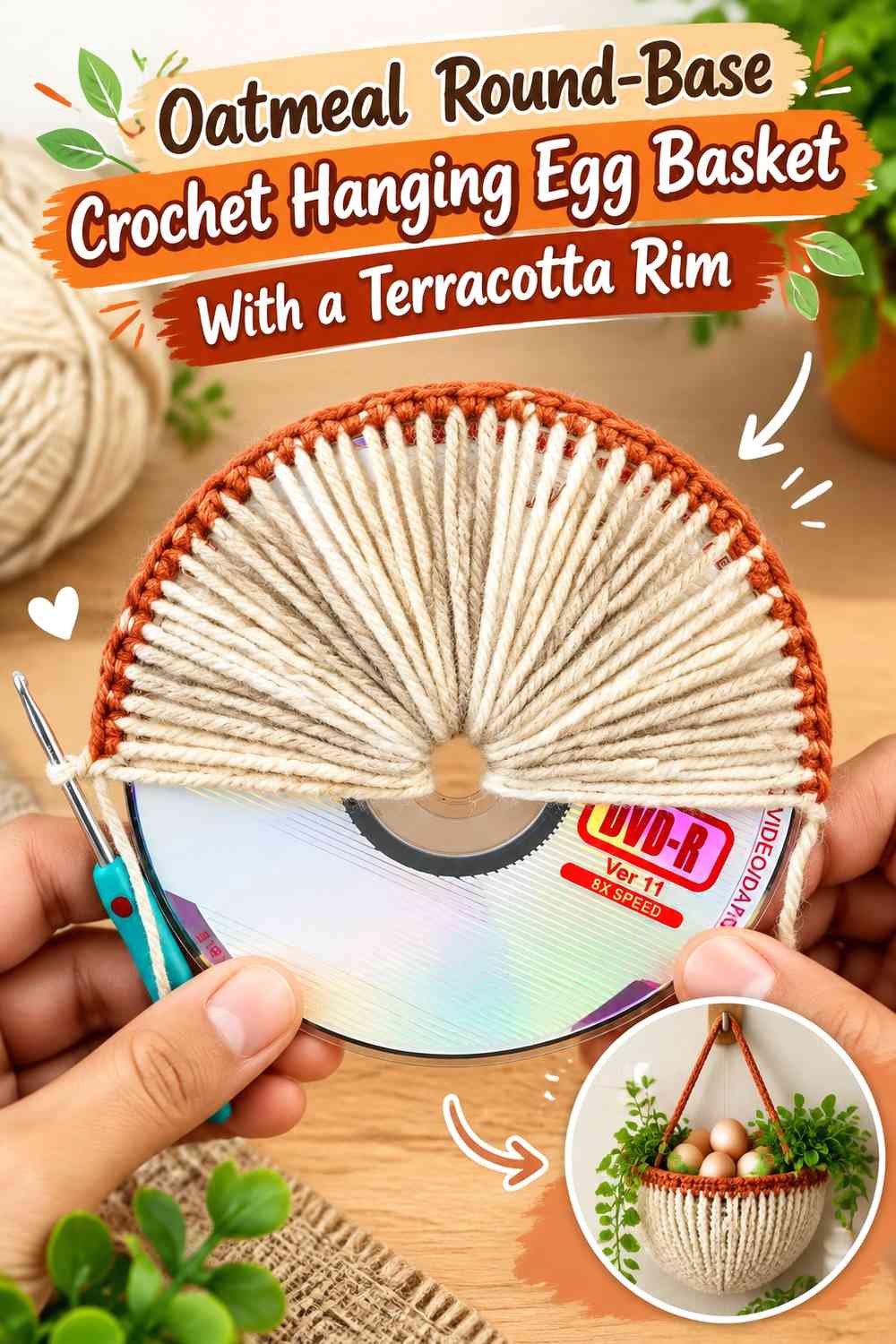 Oatmeal Round-Base Crochet Hanging Egg Basket With a Terracotta Rim