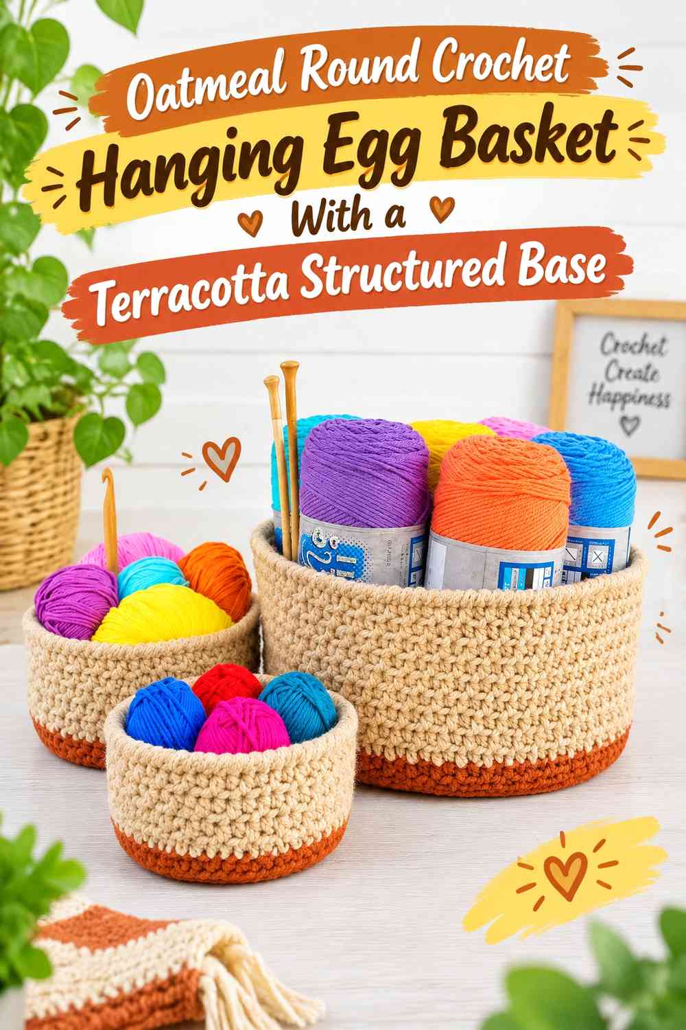 Oatmeal Round Crochet Hanging Egg Basket With a Terracotta Structured Base