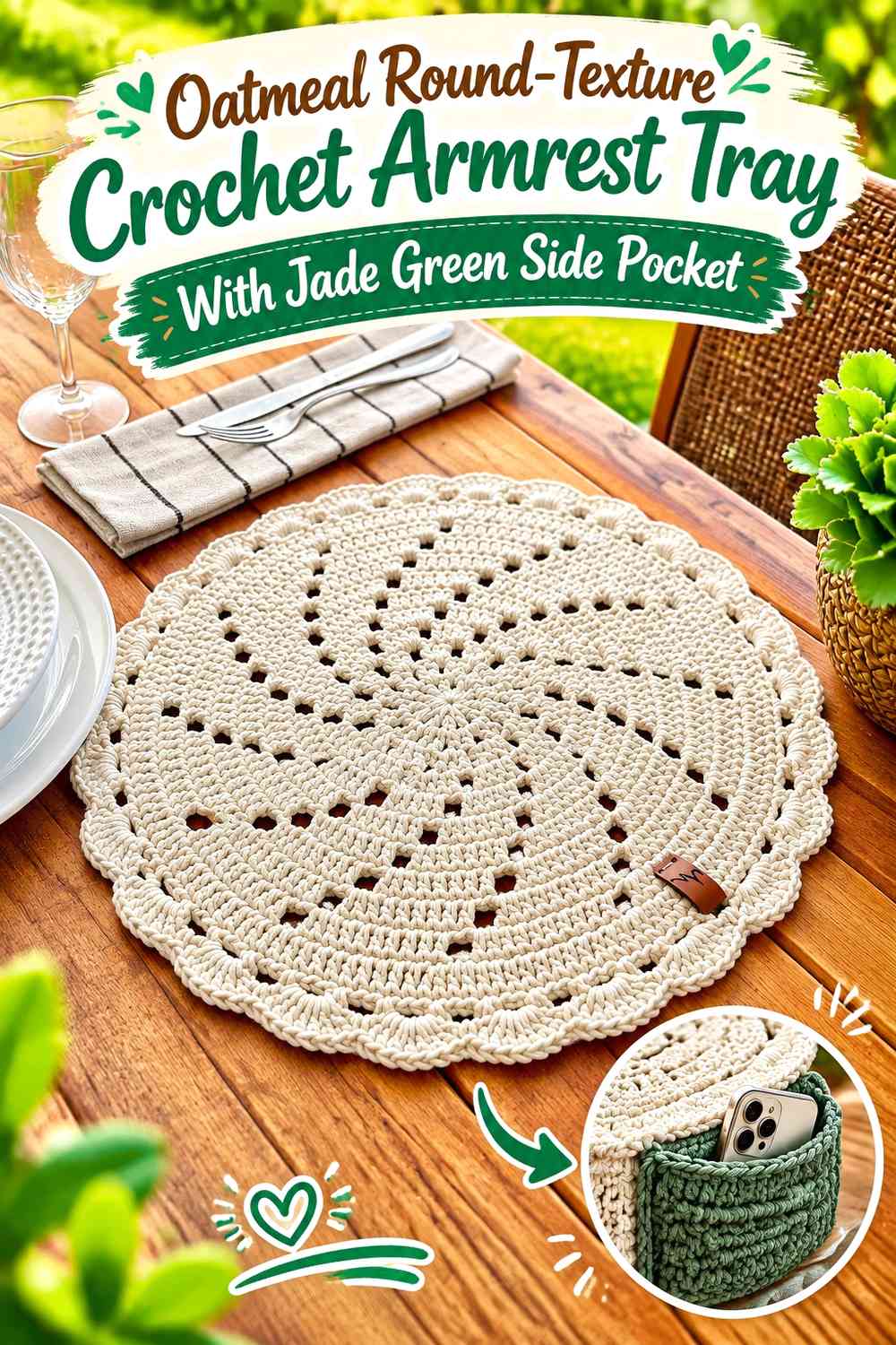 Oatmeal Round-Texture Crochet Armrest Tray With Jade Green Side Pocket