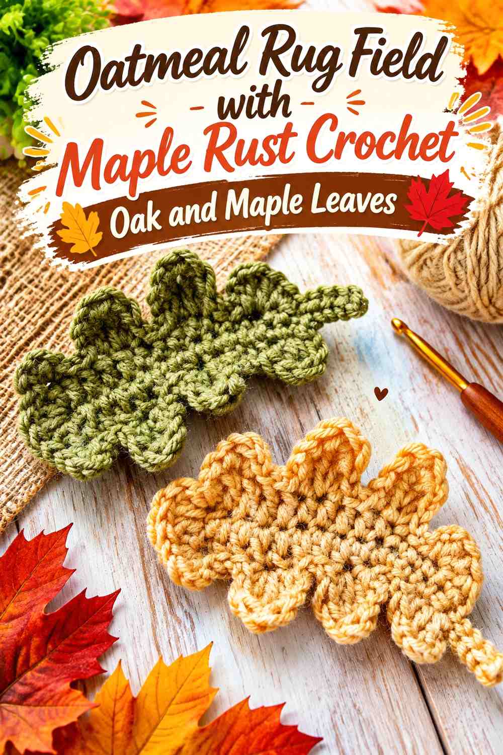 Oatmeal Rug Field with Maple Rust Crochet Oak and Maple Leaves