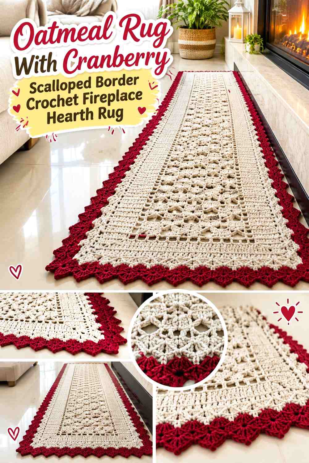 Oatmeal Rug With Cranberry Scalloped Border Crochet Fireplace Hearth Rug