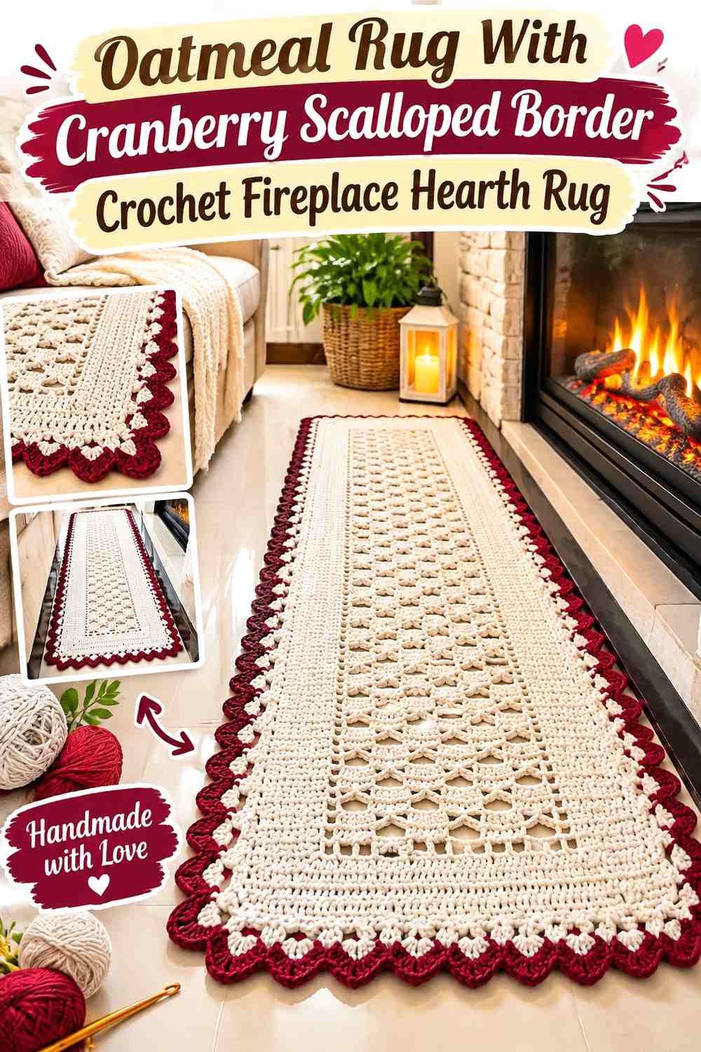 Oatmeal Rug With Cranberry Scalloped Border Crochet Fireplace Hearth Rug