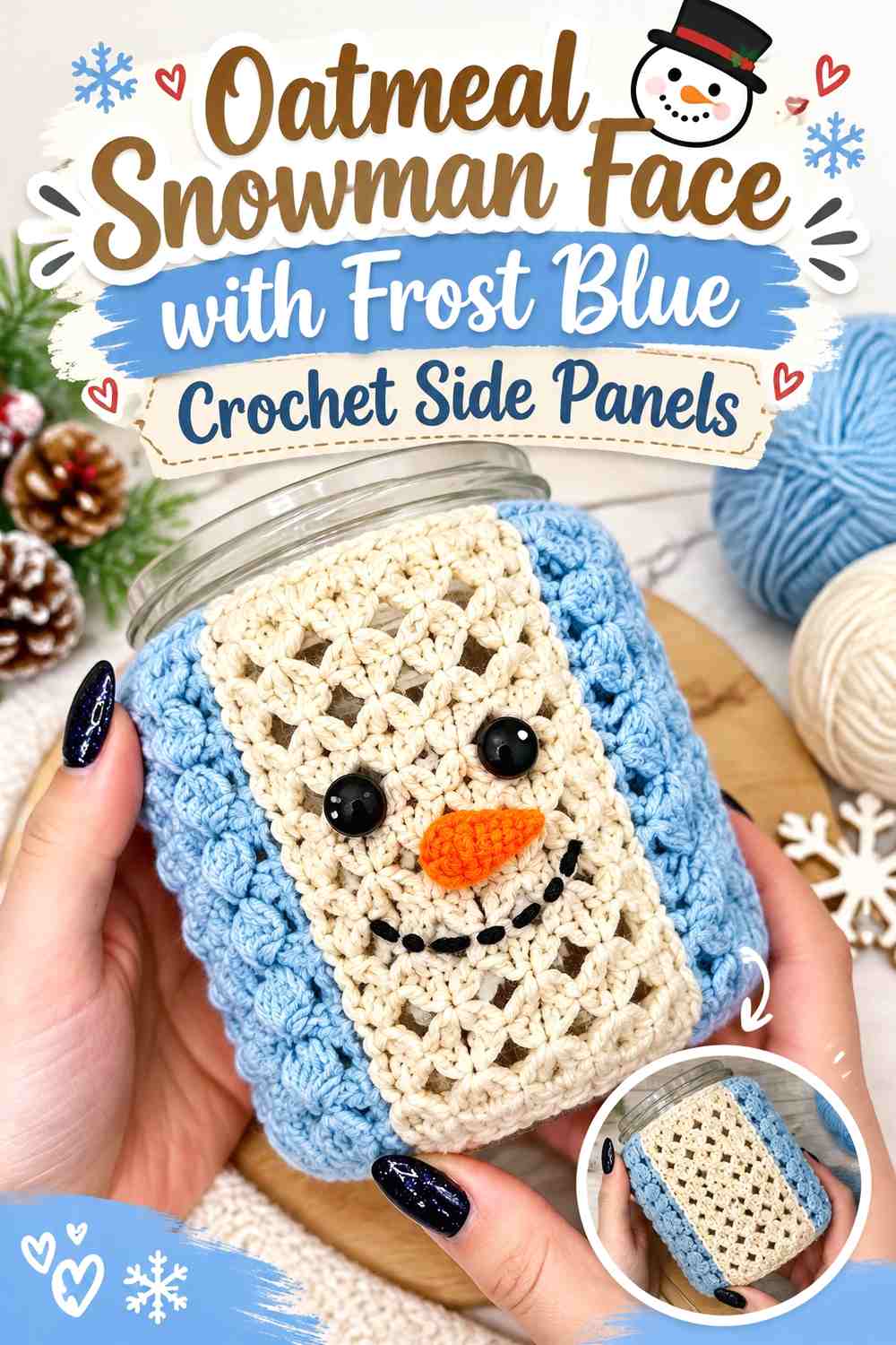 Oatmeal Snowman Face with Frost Blue Crochet Side Panels