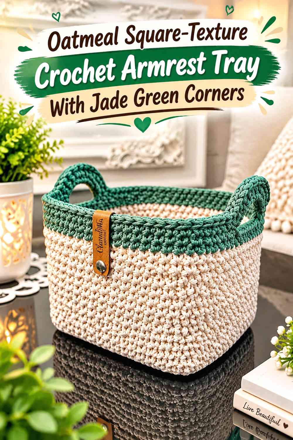 Oatmeal Square-Texture Crochet Armrest Tray With Jade Green Corners
