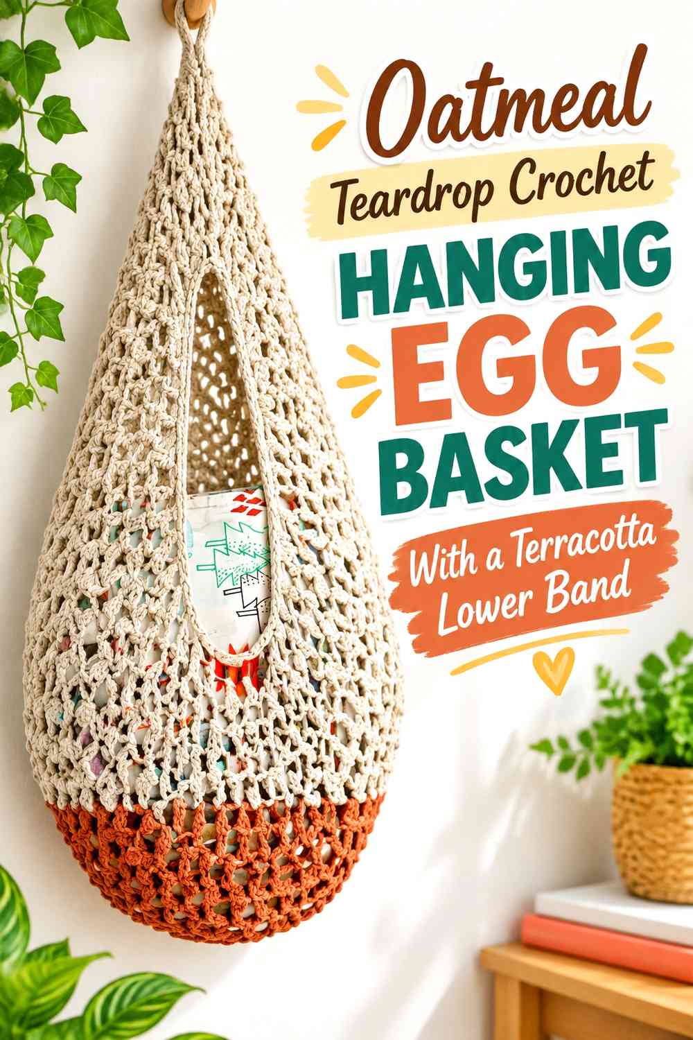 Oatmeal Teardrop Crochet Hanging Egg Basket With a Terracotta Lower Band