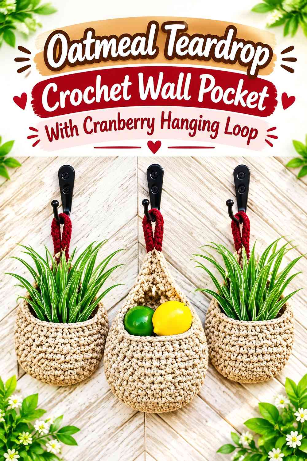 Oatmeal Teardrop Crochet Wall Pocket With Cranberry Hanging Loop