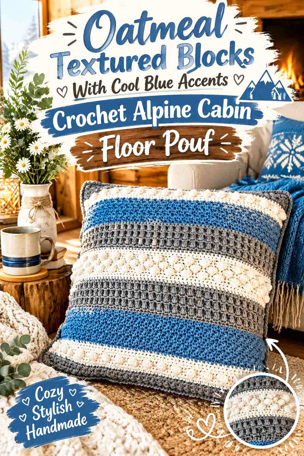Oatmeal Textured Blocks With Cool Blue Accents Crochet Alpine Cabin Floor Pouf